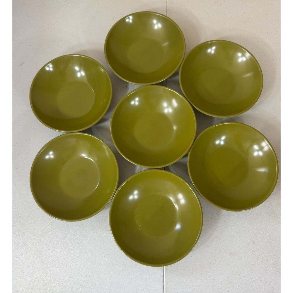 Vintage MCM Allied Chemical Olive Green Small Melamine 5" Bowl Set Of 7